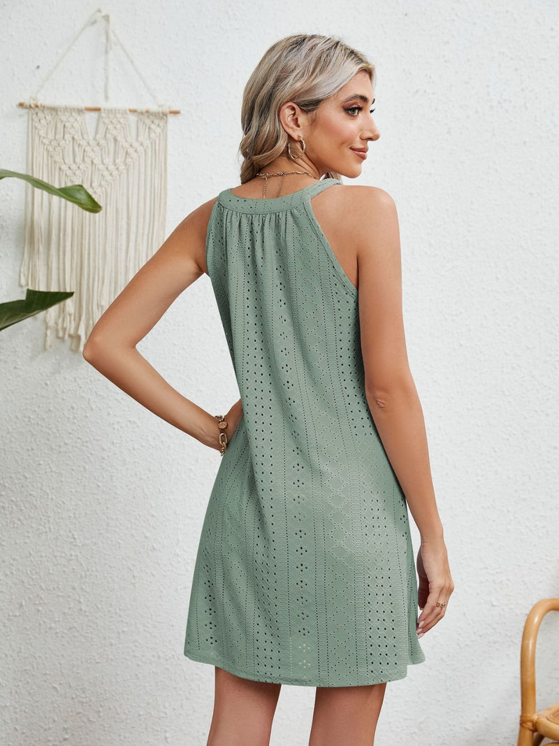 Eyelet Grecian Neck Mini Dress