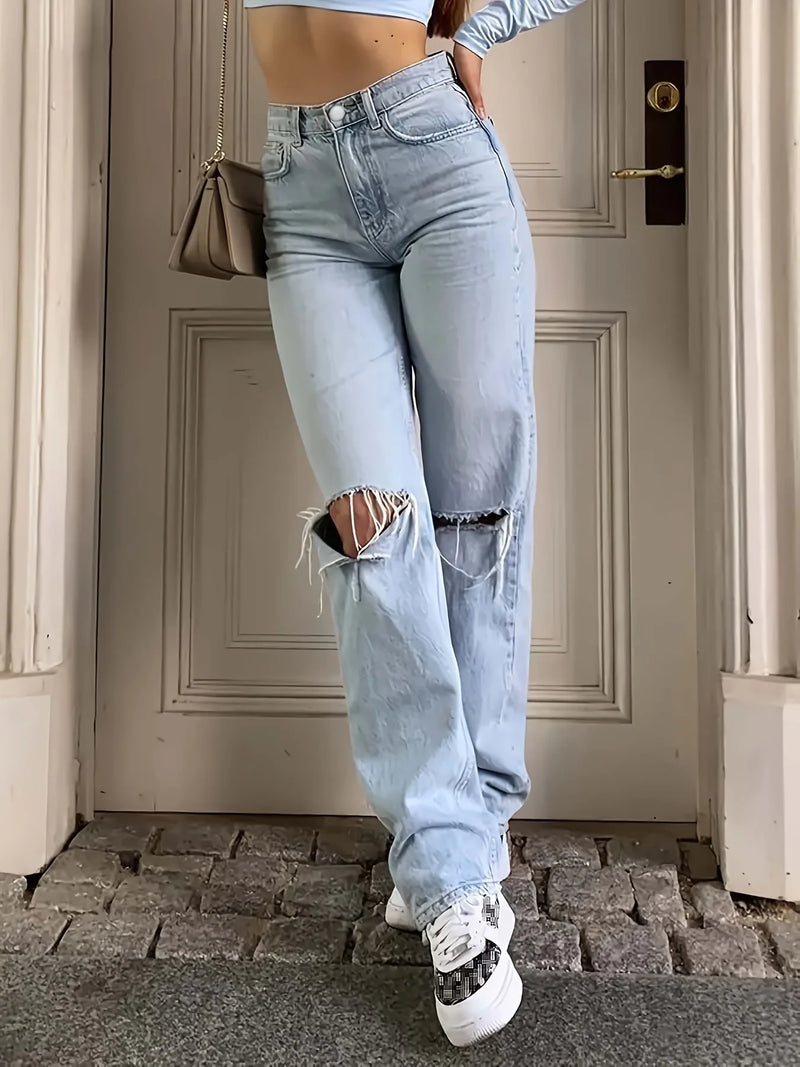 Women's Lose Fit Ripped Straight Jeans