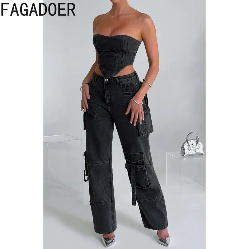 FAGADOER Fashion Multi Pocket Denim Cargo Pants