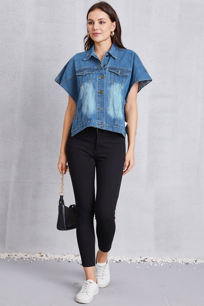 Pocketed Button Up Short Sleeve Denim Top