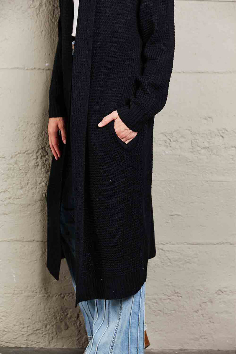 Waffle Knit Open Front Duster Cardigan With Pockets