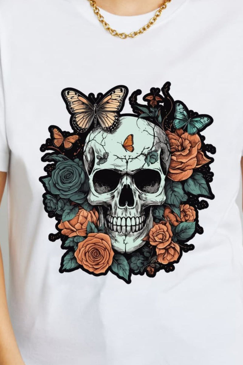 Camiseta de algodón con estampado de calavera de tamaño completo de Simply Love