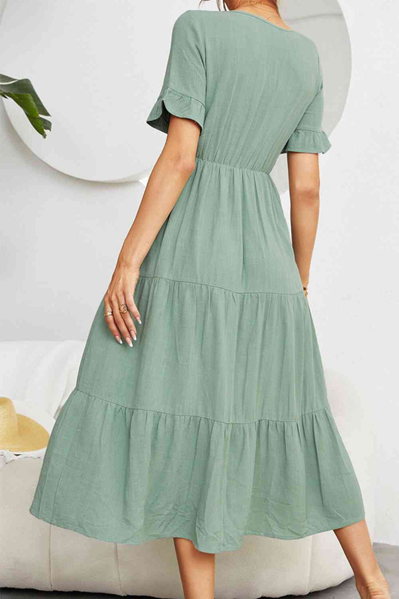 Short Sleeve V-Neck Tiered  Dress