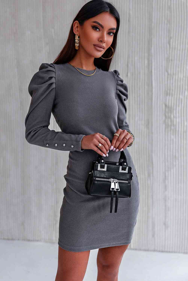 Button-Cuff Puff Sleeve Ribbed Dress