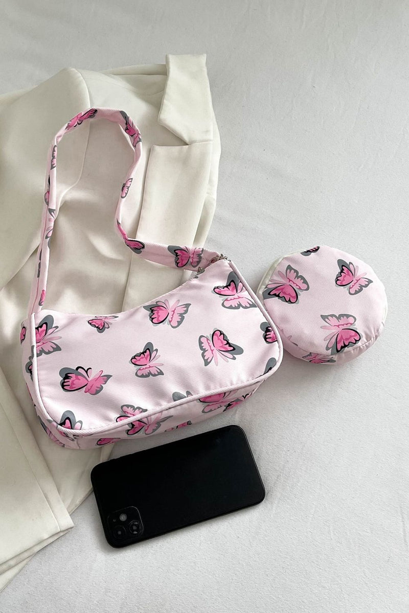 Bolso de hombro con estampado de mariposas y monedero