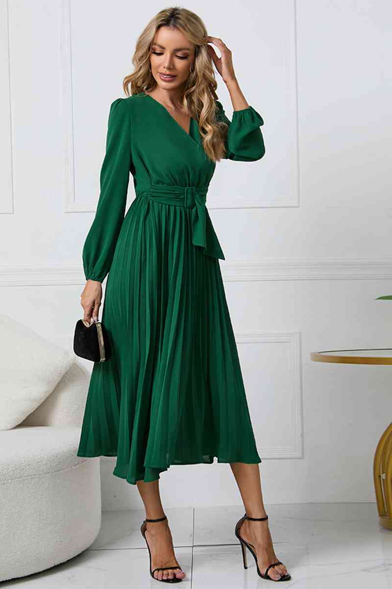 V-Neck Long Sleeve Tie Waist Midi Dress