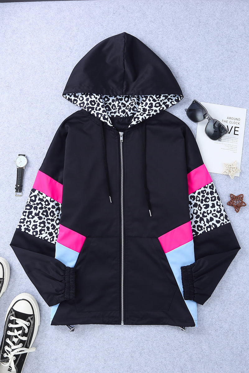 Leopard Color Block Zip-Up Hooded Jacket