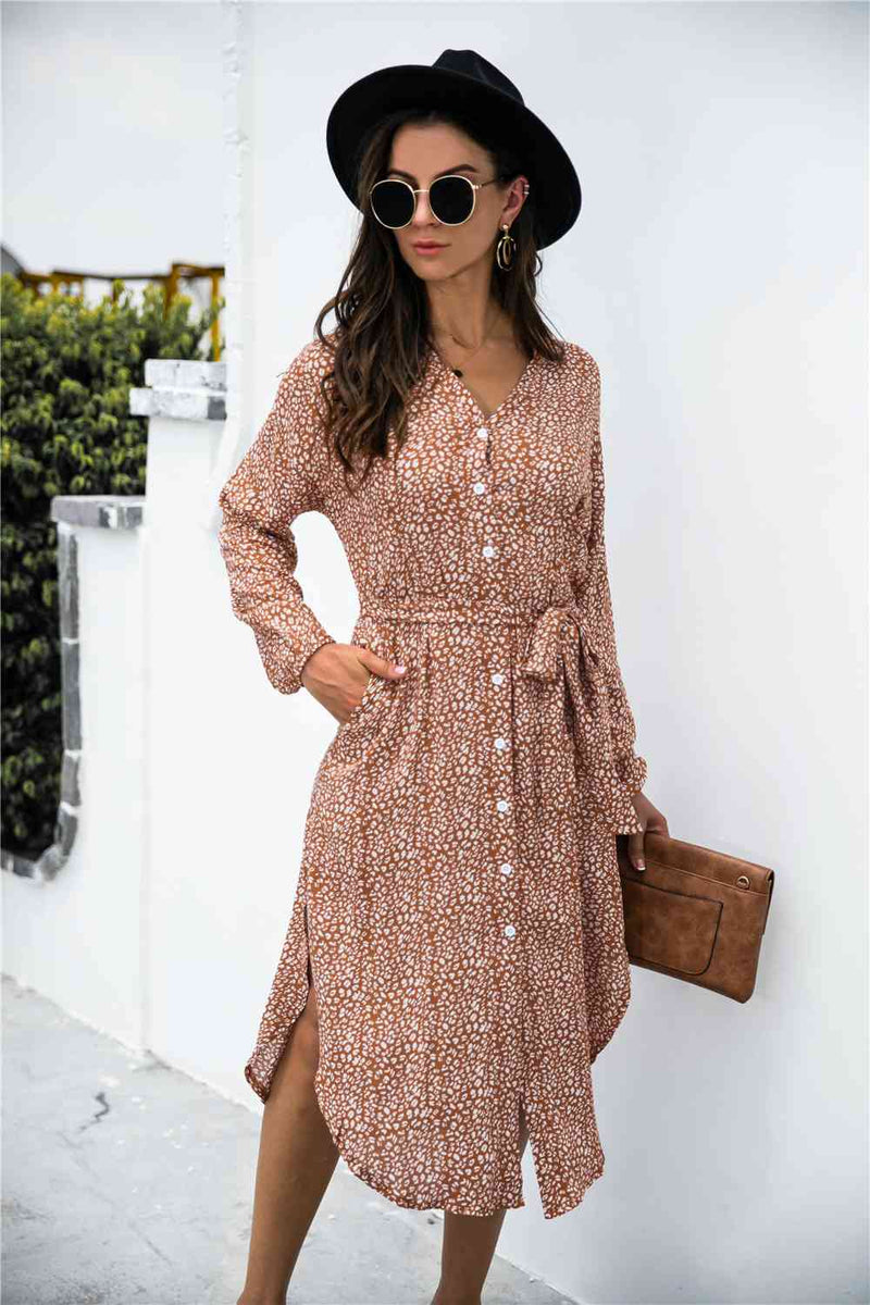 Ditsy Leopard Button Though Belt Dress