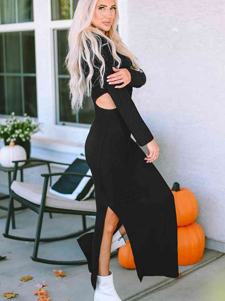 Cutout Round Neck Long Sleeve Slit Maxi Dress