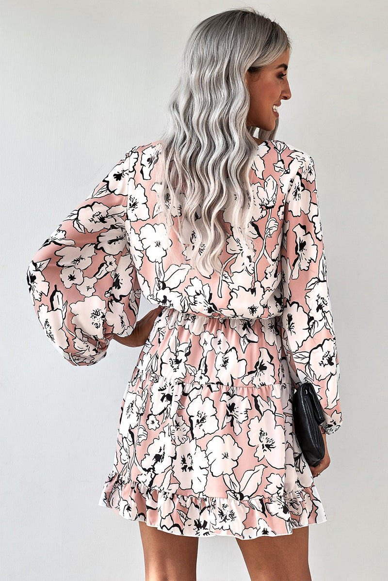 Floral Balloon Sleeve Ruffle Hem Dress