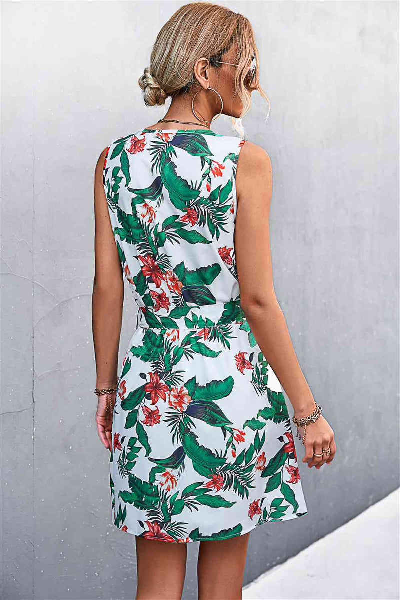 Printed Zip Detail Belted Sleeveless Dress