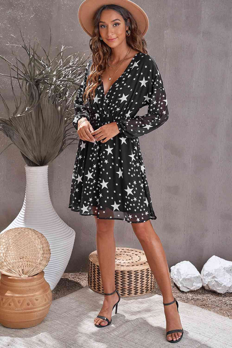 Star Print Dropped Shoulder Surplice Dress