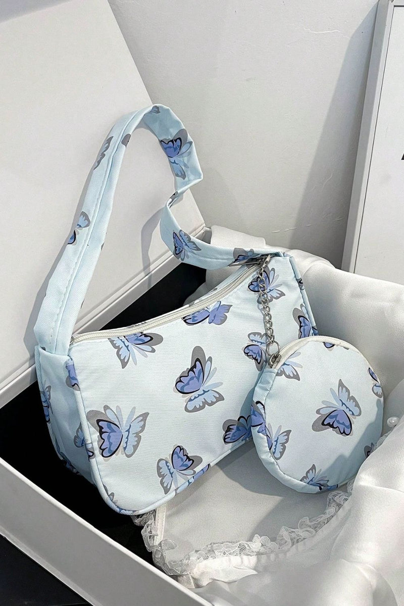 Bolso de hombro con estampado de mariposas y monedero