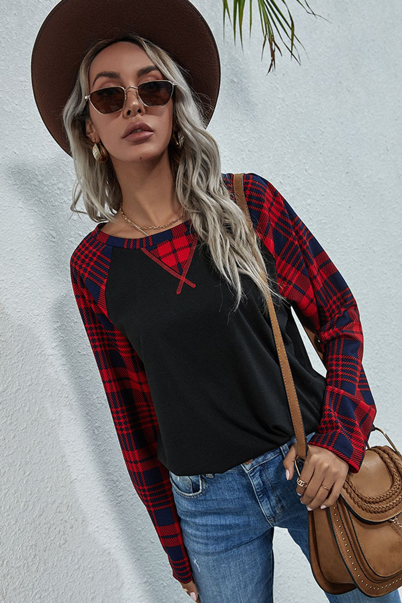 Plaid Print Long Raglan Sleeve Tee