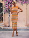 Striped Round Neck Sleeveless Midi Cover Up Dress