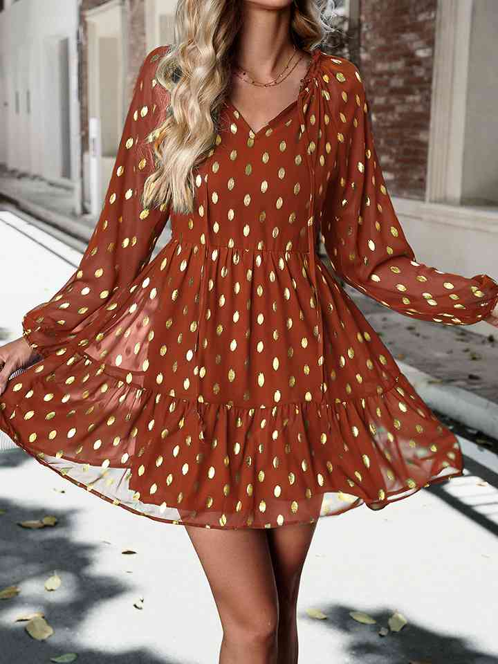 Tie Neck Long Sleeve Polka Dot Dress