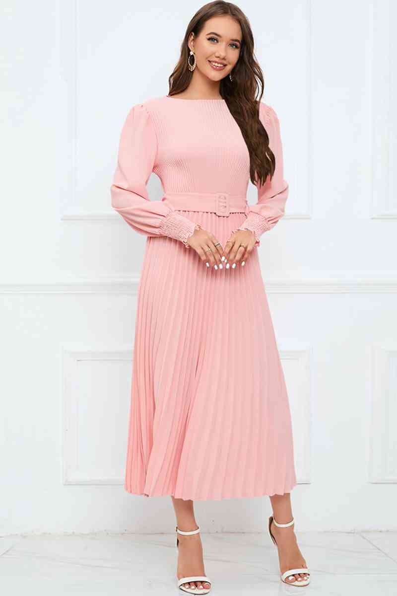 Round Neck Flounce Sleeve Pleated Dress