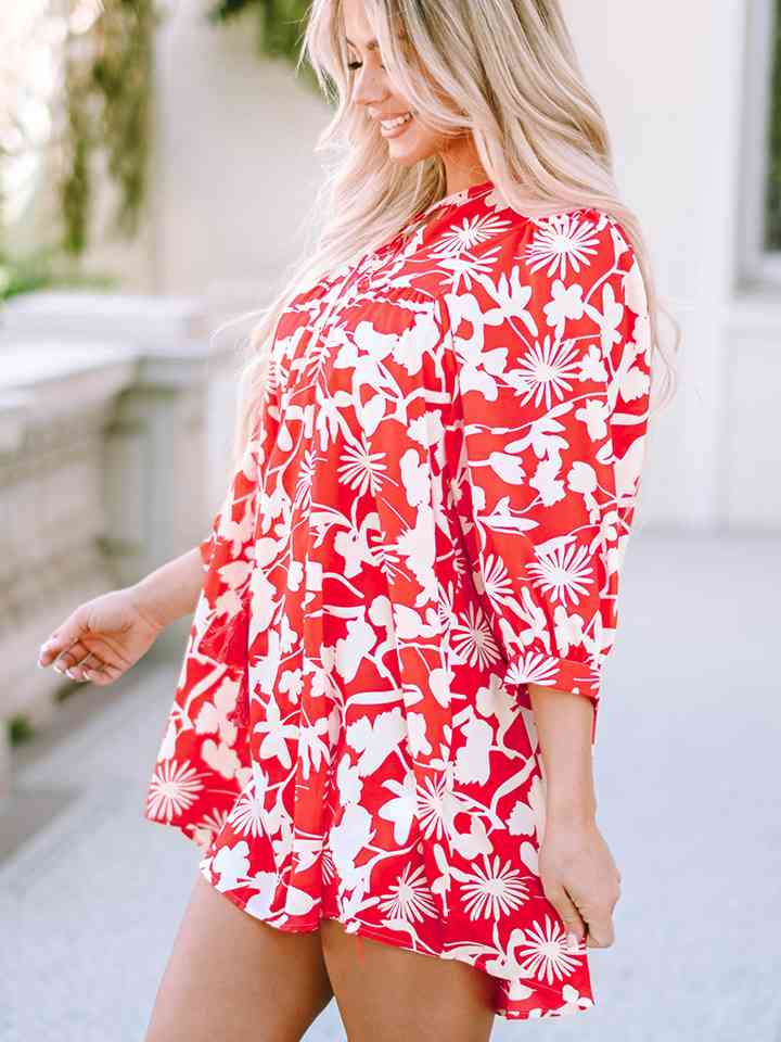 Floral Print Notched Neck Mini Dress