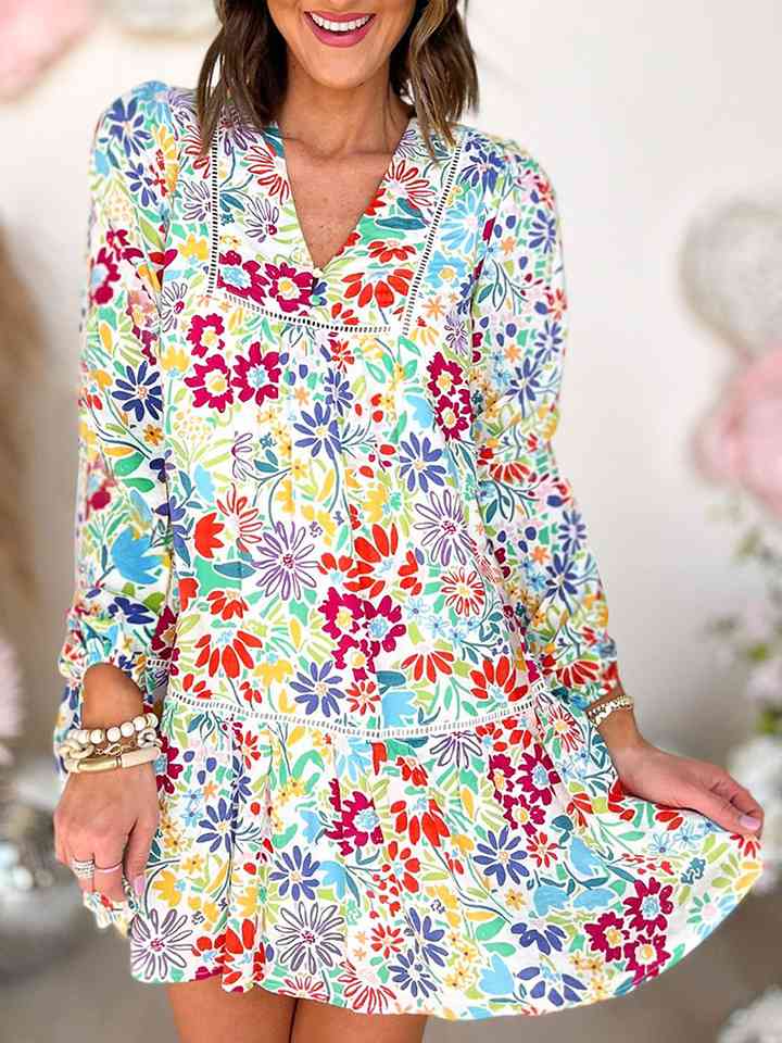 V-Neck Floral Print Long Sleeve Mini Dress