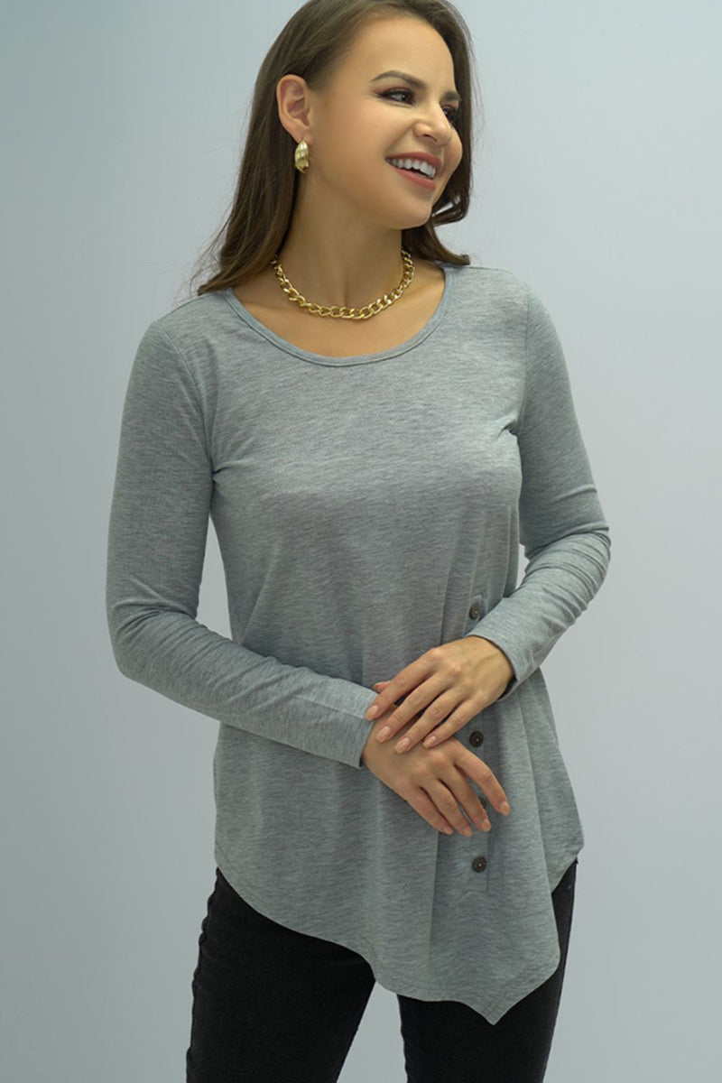 Buttoned Long Sleeve Round Neck Tee