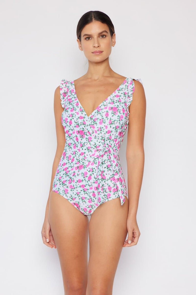 Marina West Swim Traje de baño de una pieza de tamaño completo con volantes y flotador sintético en rosas color blanquecino