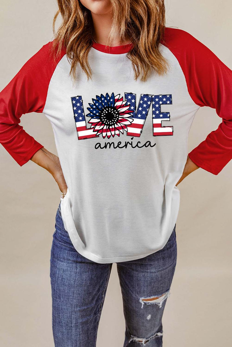 Camiseta con gráfico LOVE AMERICA, cuello redondo y manga raglán