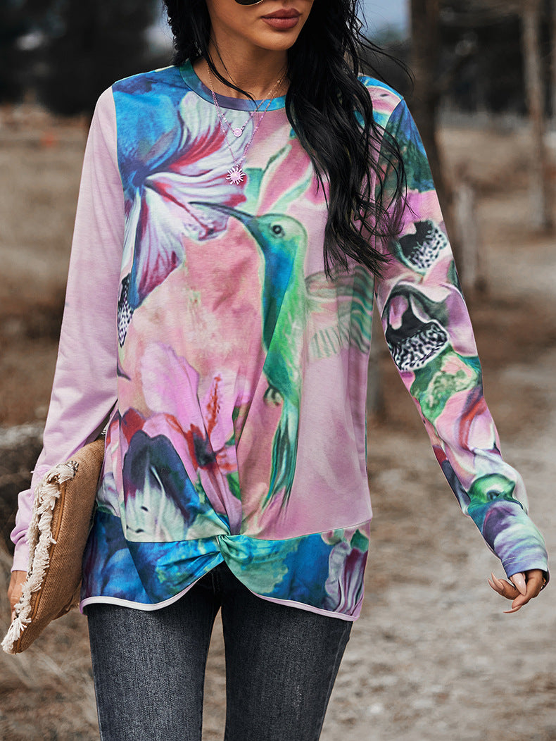 Hummingbird Floral Print Long Sleeve Tee