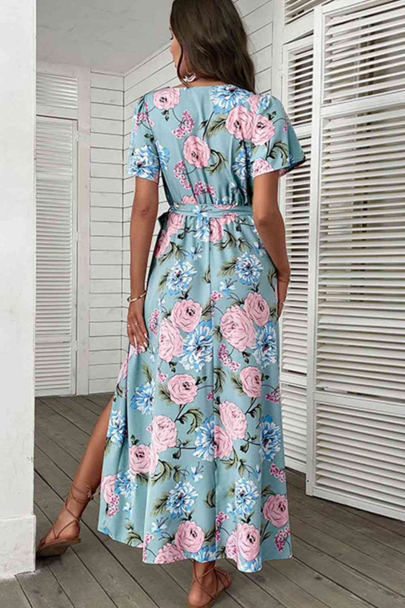 Floral Tie-Waist Slit Surplice Maxi Dress