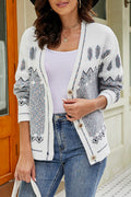 Printed V-Neck Buttoned Cardigan