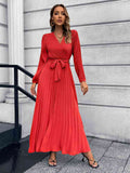 V-Neck Tie Waist Pleated Maxi Dress