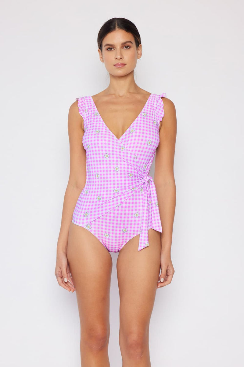 Marina West Swim Traje de baño de una pieza de tamaño completo con volantes y flotador sintético en rosa clavel