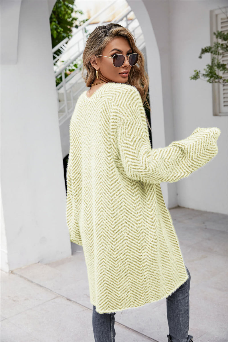 Herringbone Pattern Open Front Longline Fuzzy Cardigan