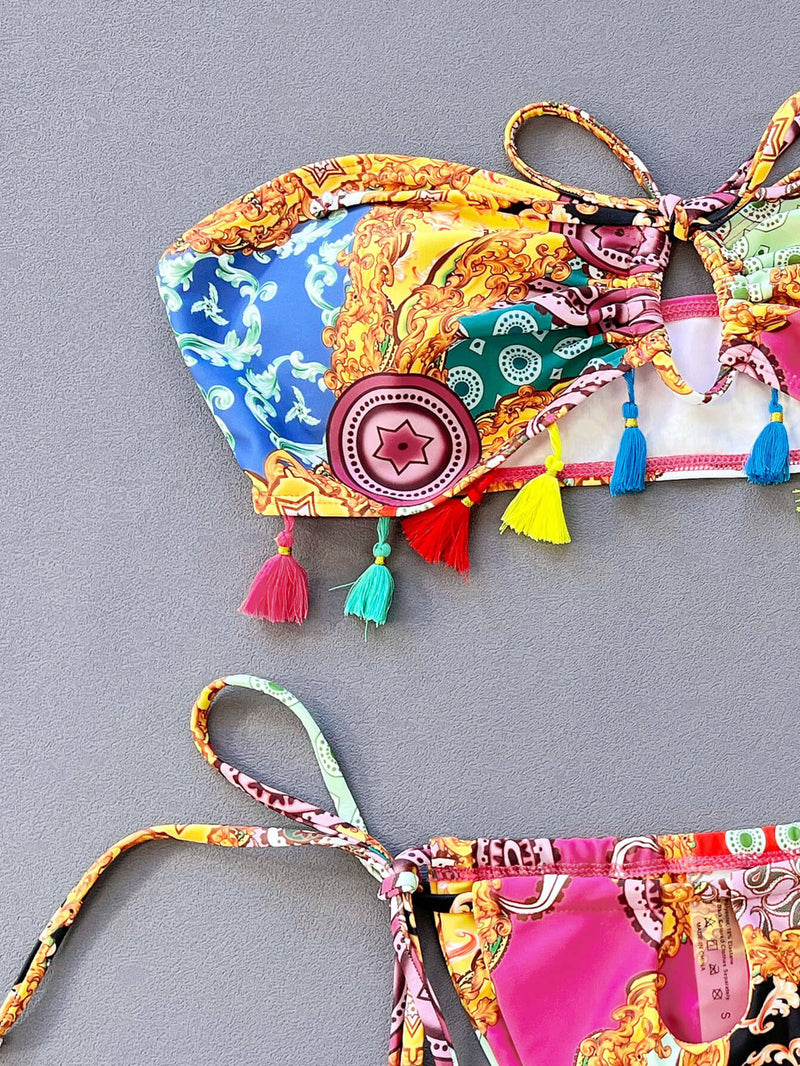 Conjunto de bikini sin tirantes atado estampado