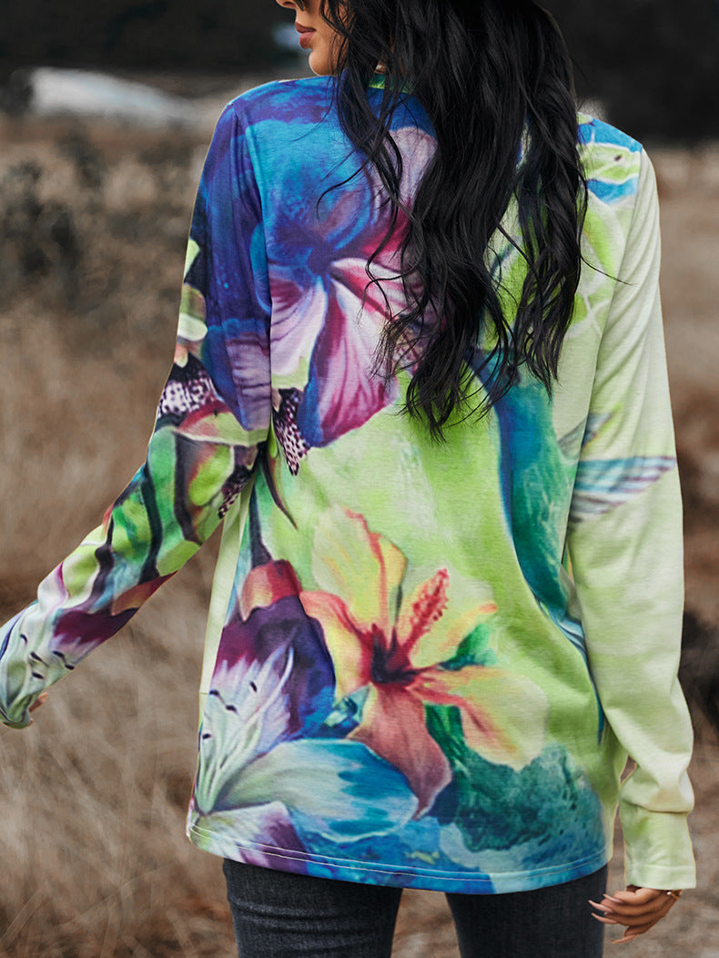 Hummingbird Floral Print Long Sleeve Tee