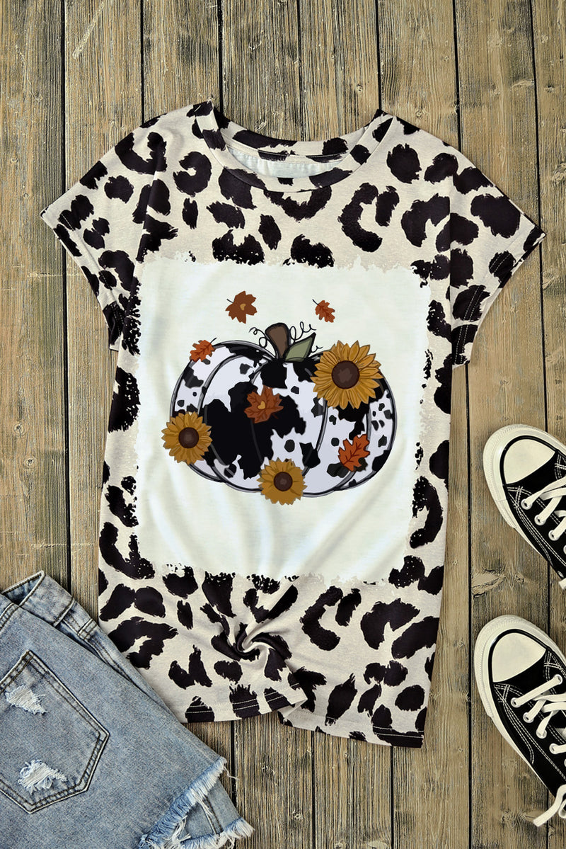 Camiseta con estampado de calabaza y cuello redondo con estampado de leopardo