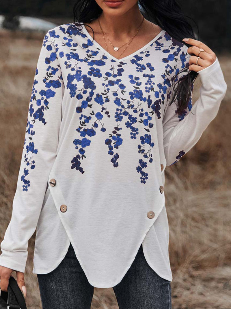 Floral Print V-Neck Long Sleeve Buttoned Tee