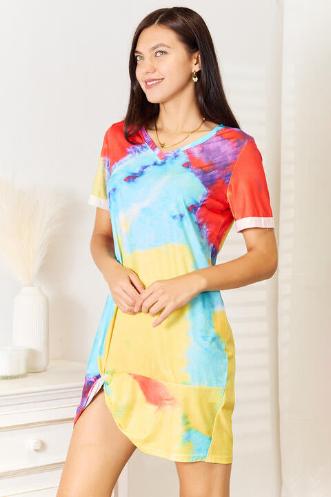 Double Take Tie-Dye V-Neck Twisted Dress