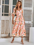 Floral Tie Cuff Surplice Neck Dress