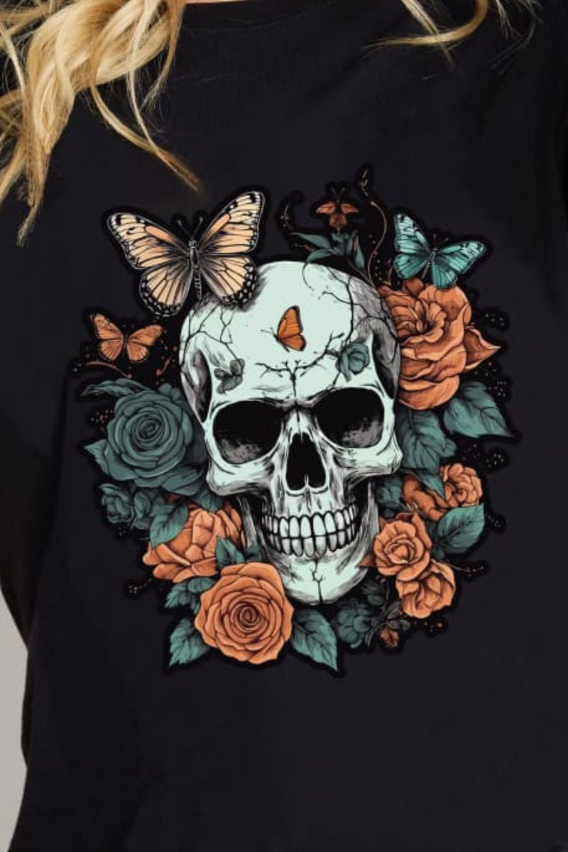 Camiseta de algodón con estampado de calavera de tamaño completo de Simply Love