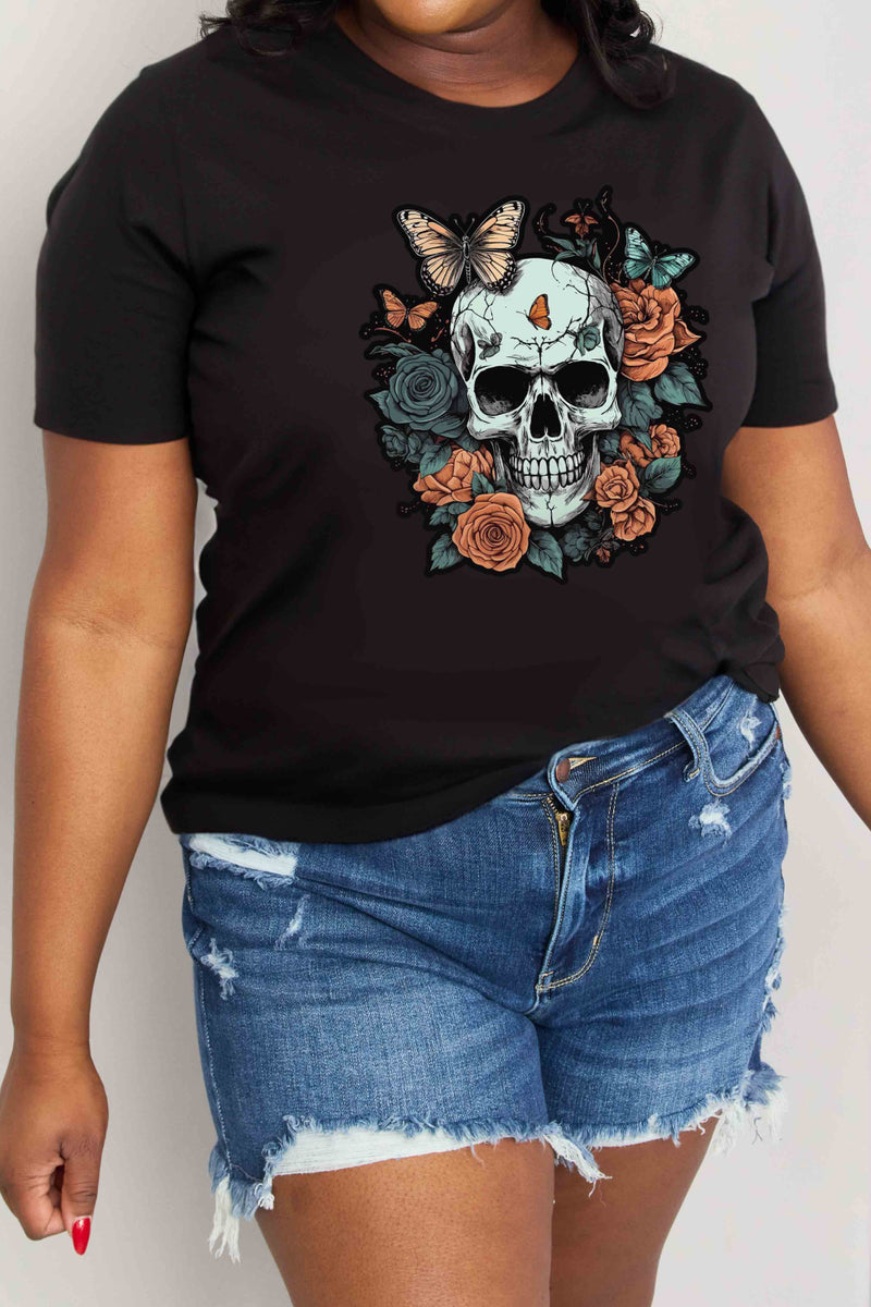 Camiseta de algodón con estampado de calavera de tamaño completo de Simply Love