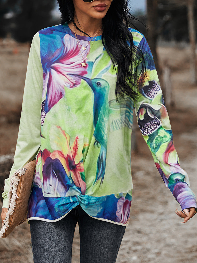 Hummingbird Floral Print Long Sleeve Tee