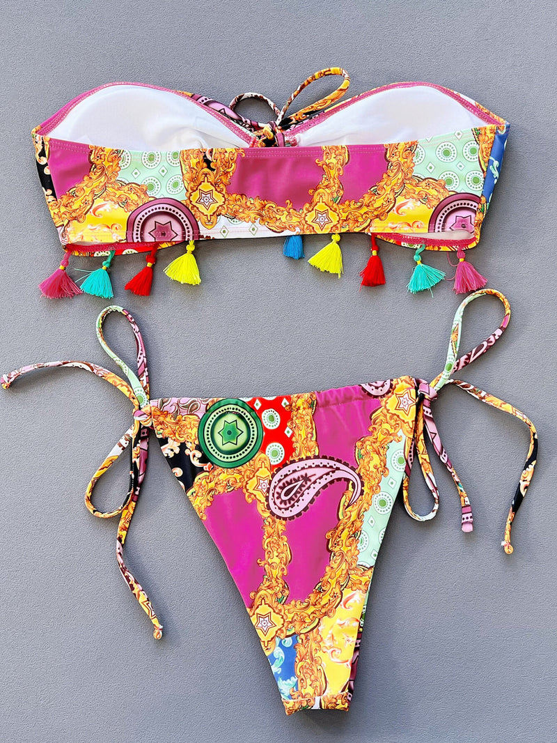 Conjunto de bikini sin tirantes atado estampado