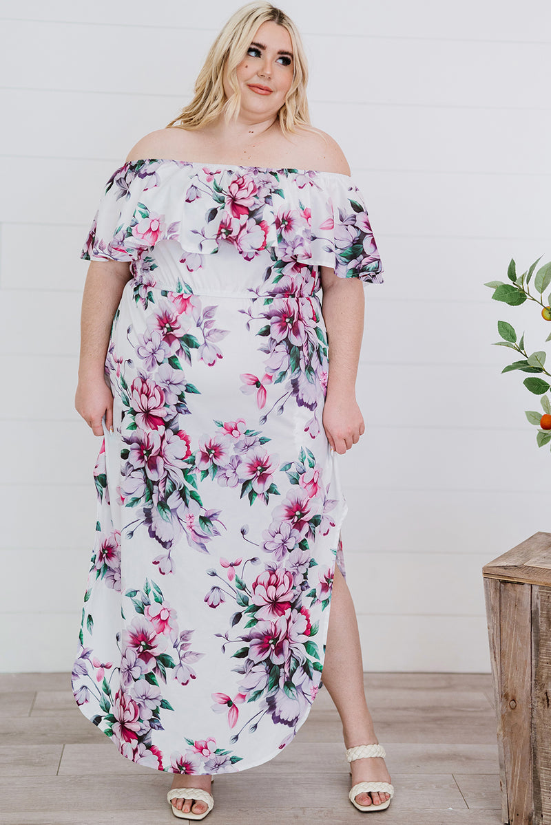 Plus Size Floral Off-Shoulder Side Slit Layered Dress