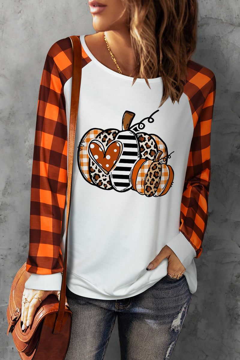 Camiseta de manga larga a cuadros con cuello redondo y gráfico de calabaza