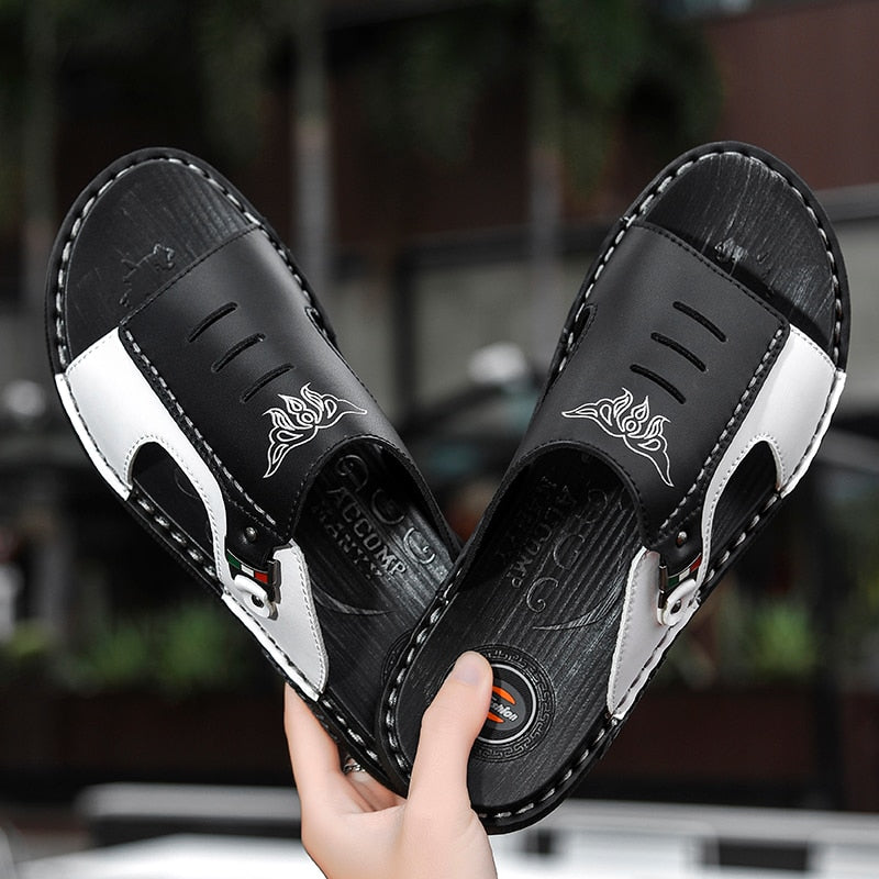 SSX Men's Genuine Leather Two Tone Slipper Sandals
