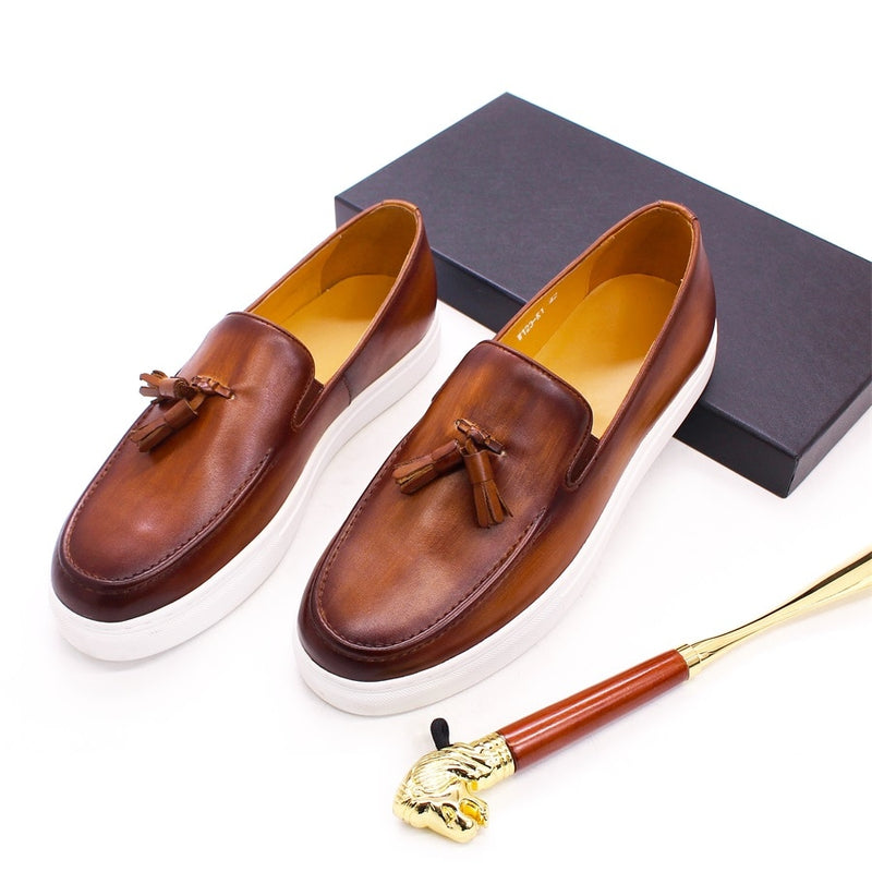 Men's Genuine Leather Handmade Tassel Flat Shoes