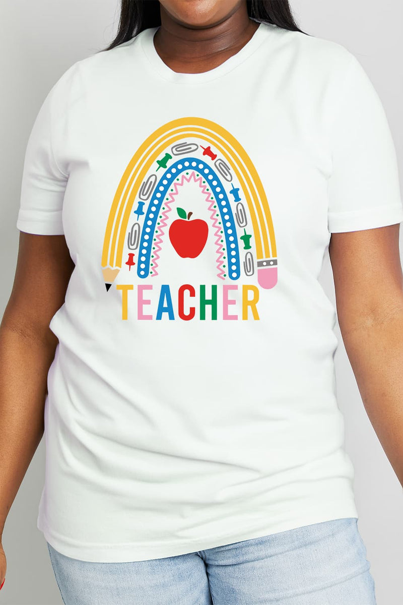 Camiseta de algodón con gráfico de arco iris TEACHER de tamaño completo de Simply Love