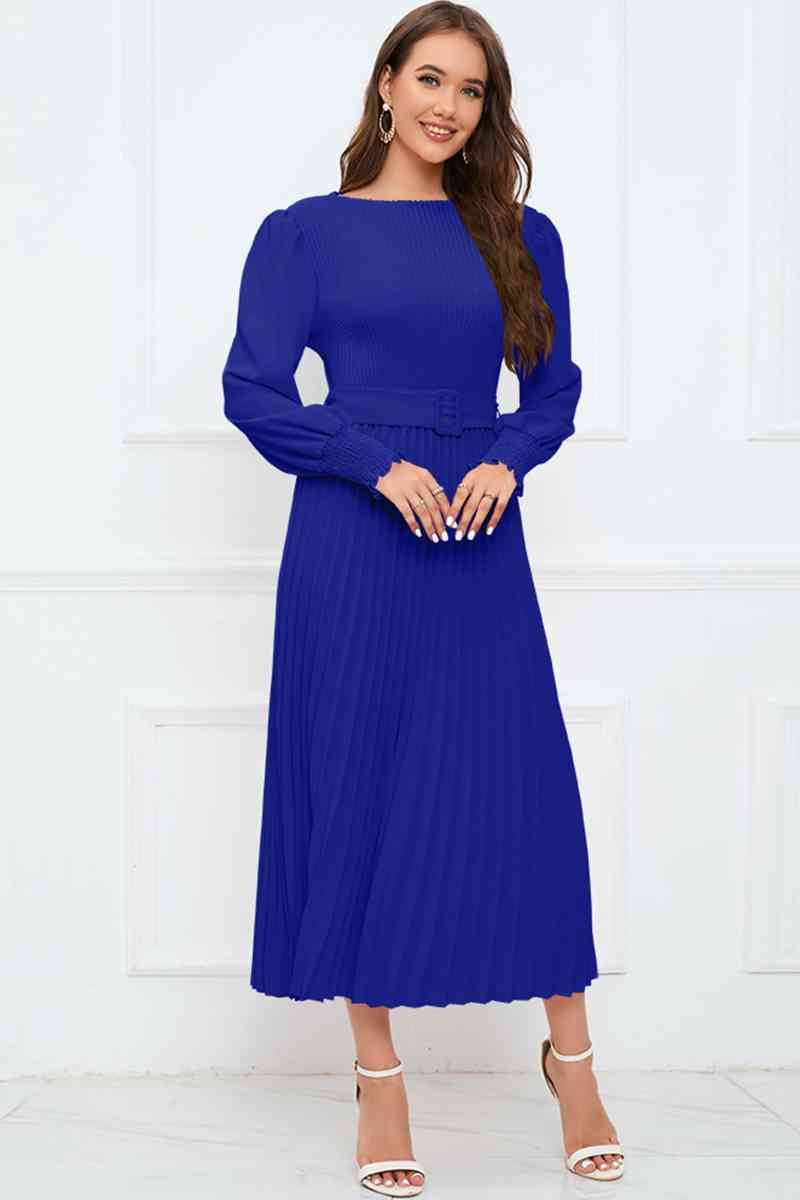 Round Neck Flounce Sleeve Pleated Dress