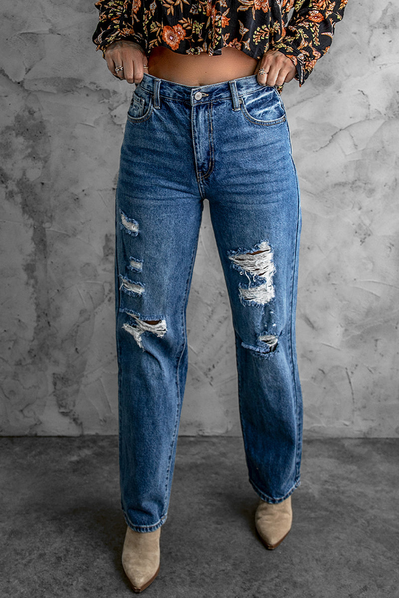 Jeans desgastados de cintura alta con bolsillos