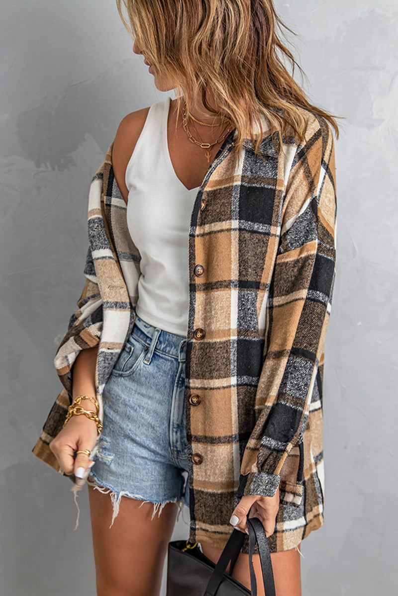 Double Take Plaid Dropped Shoulder Pocketed Shirt Jacket